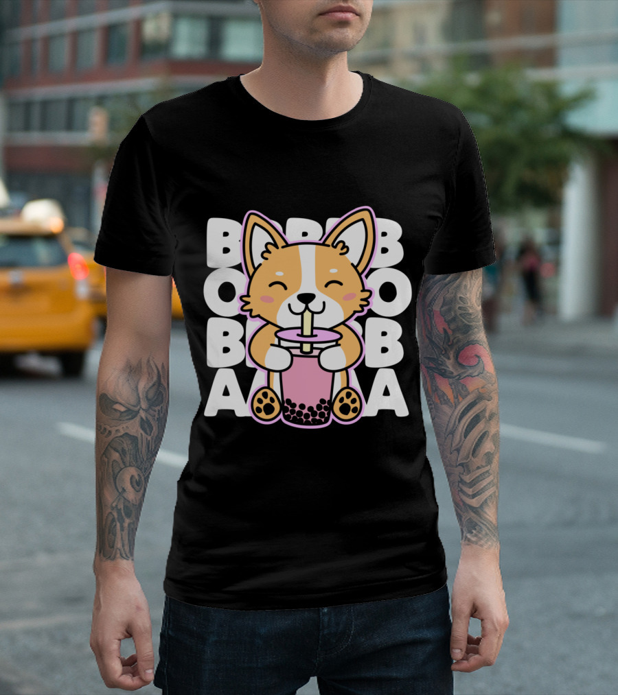Kawaii Boba Cute Anime Dog Corgi with Bubble Tea Drink T-Shirt