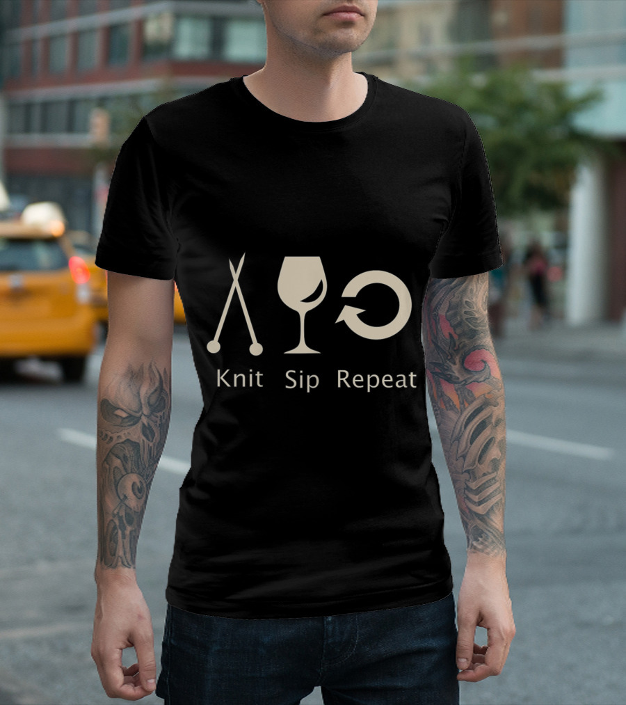 Love to Knit Sip Wine and Repeat Funny Knitting Icons T-Shirt