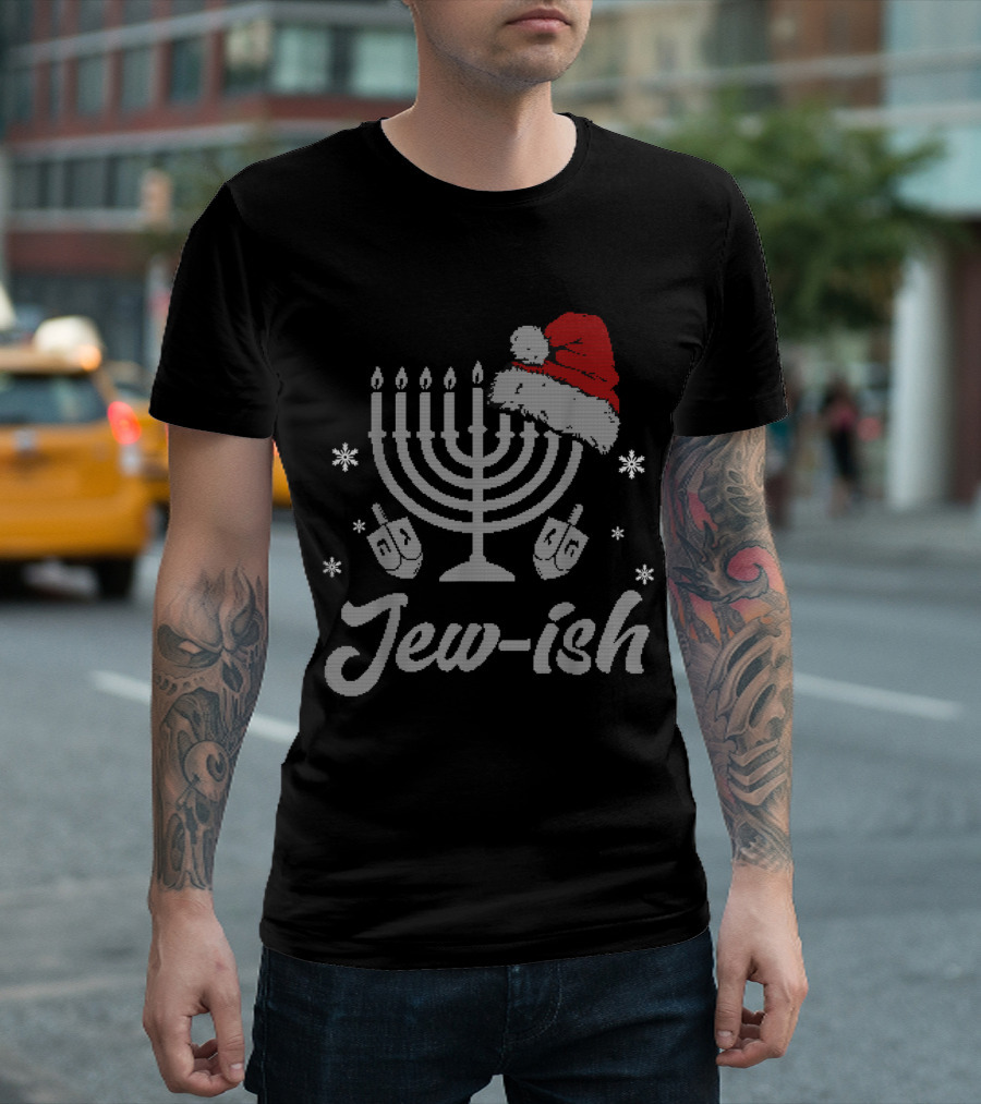 Christmas Ugly Hanukkah Menorah Santa Hat Jew-ish Snowflakes Dreidels Iconic Symbols T-Shirt