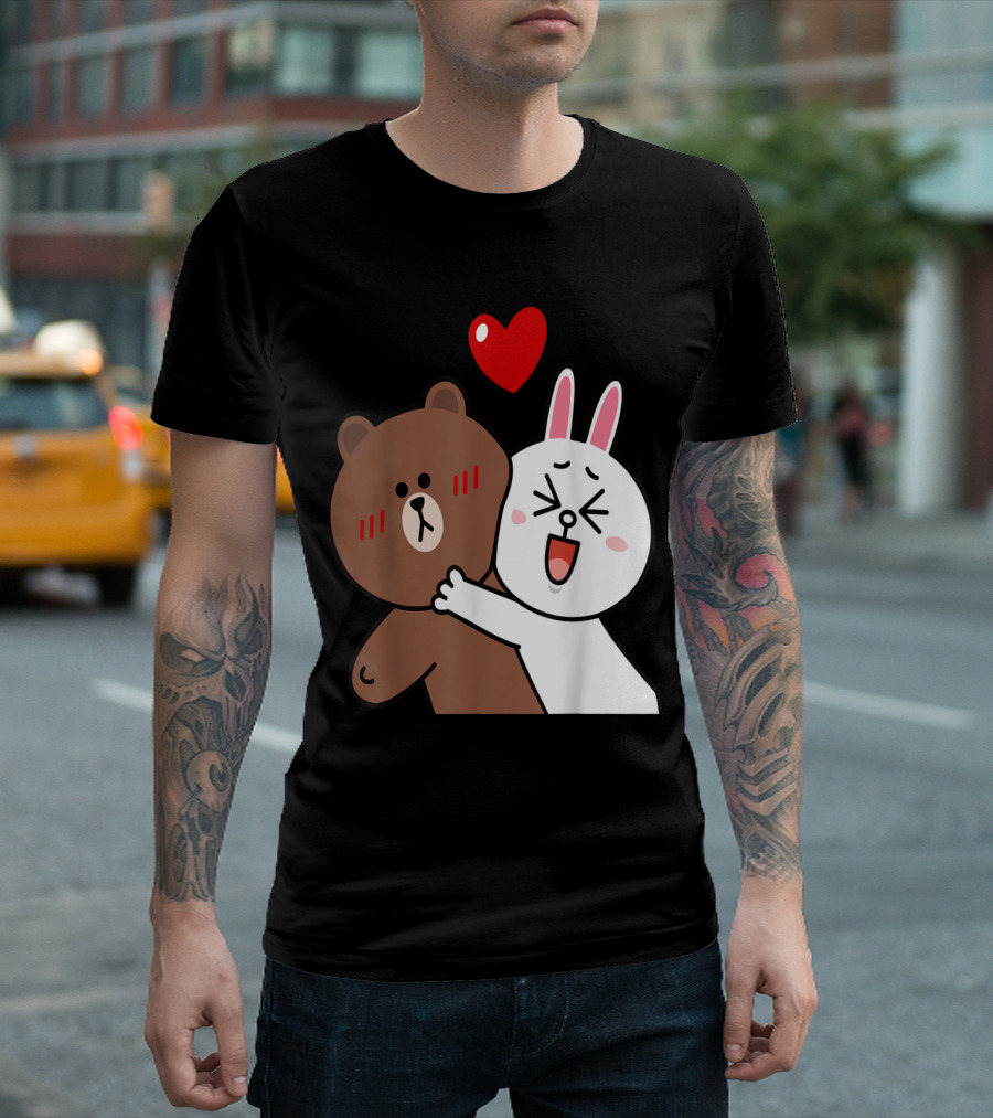Cute Brown Bear and Cony Bunny Rabbit Valentine's Lovers Hugging Under Red Heart T-Shirt