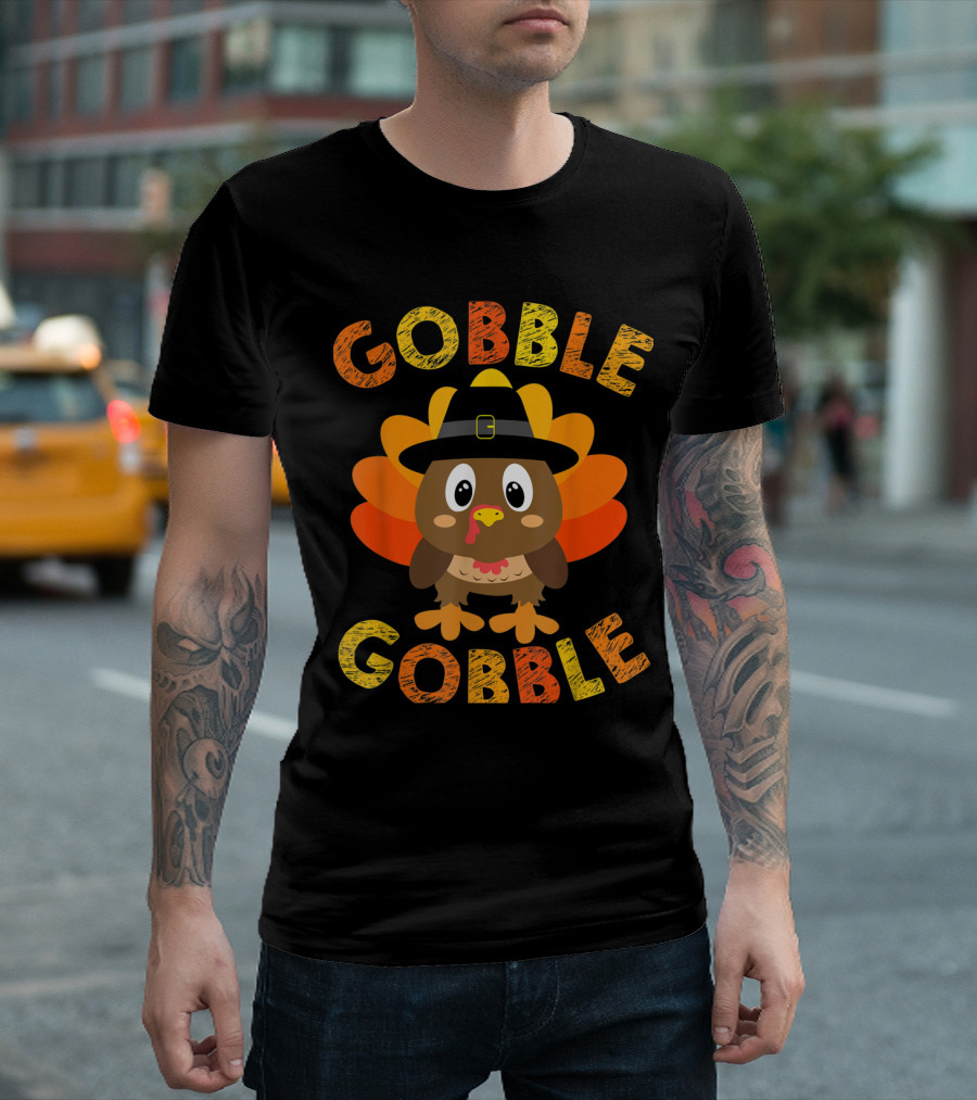 Gobble Gobble Cute Turkey Pilgrim Little Boys T-Shirt