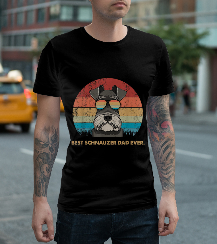 Best Schnauzer Dad Ever Vintage Dog Sunglasses Retro Stripes T-Shirt