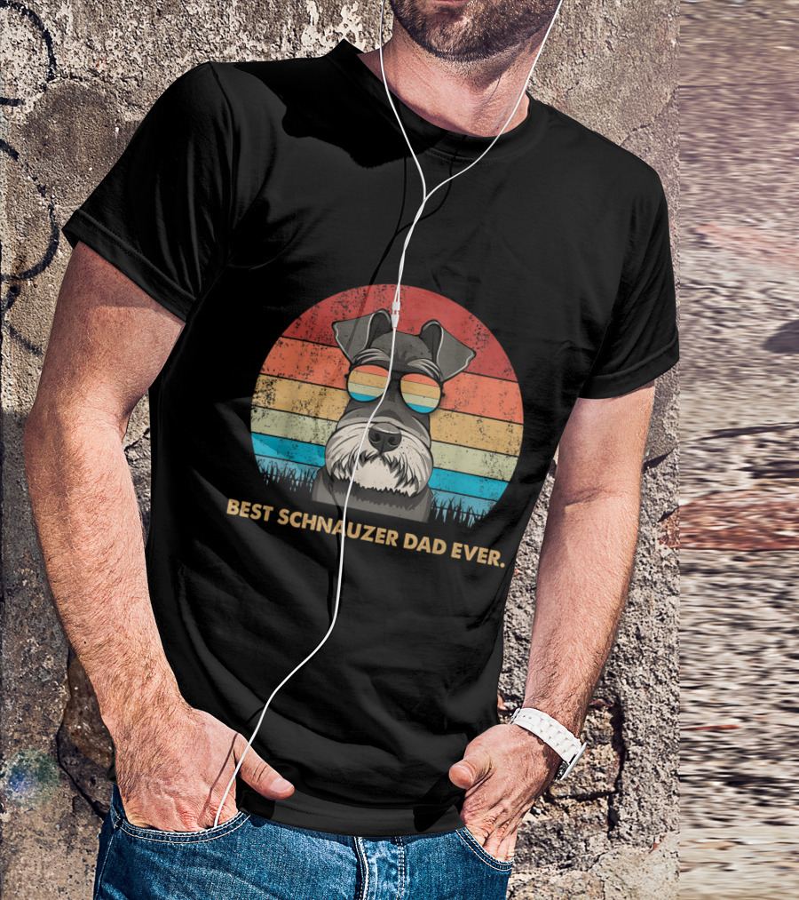 Best Schnauzer Dad Ever Vintage Dog Sunglasses Retro Stripes T-Shirt