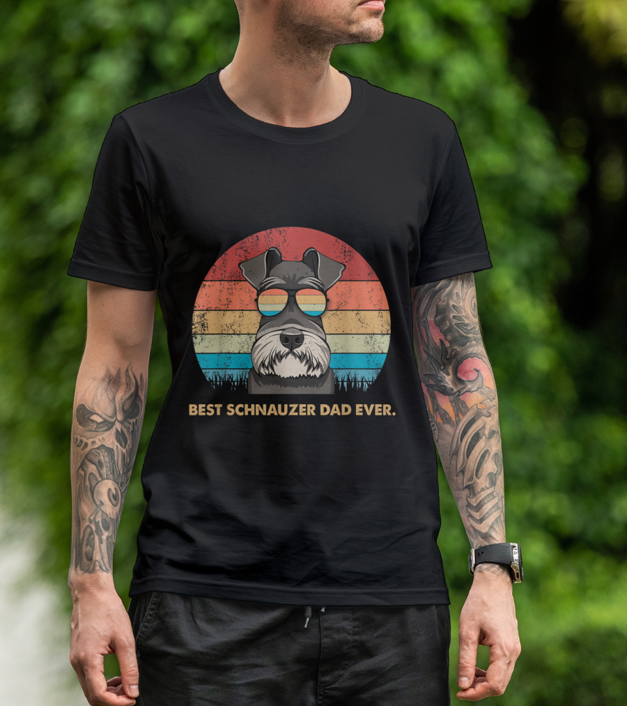 Best Schnauzer Dad Ever Vintage Dog Sunglasses Retro Stripes T-Shirt