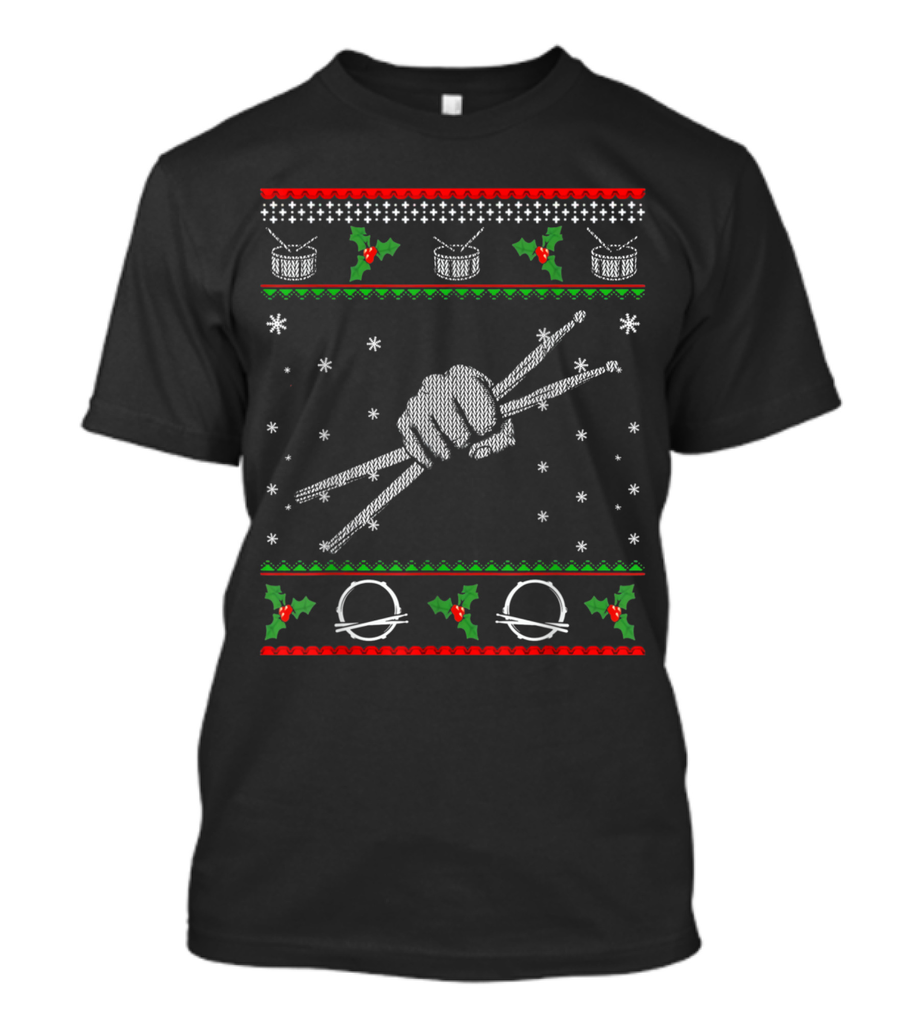 Drummer Ugly Christmas Drumsticks Drumset Drums Snowflake Holly T-Shirt