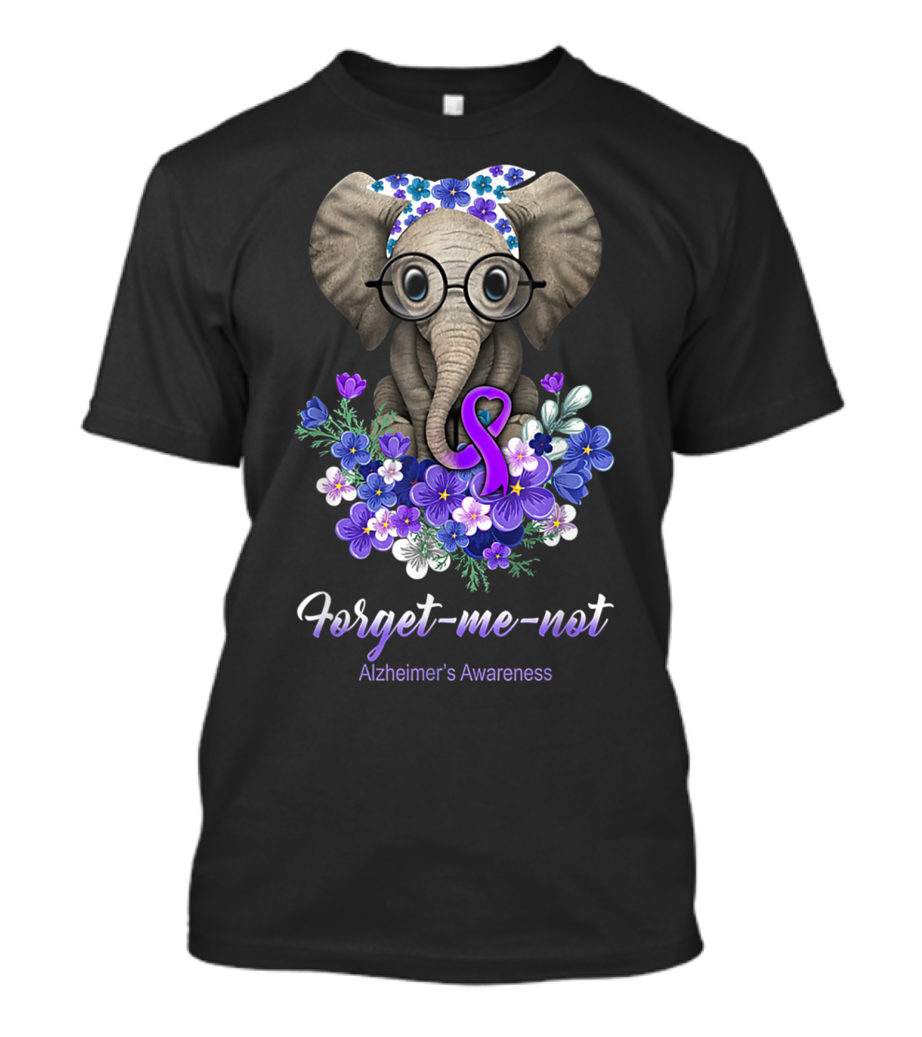 Forget-Me-Not Alzheimer's Awareness Elephant With Purple Ribbon And Flowers T-Shirt
