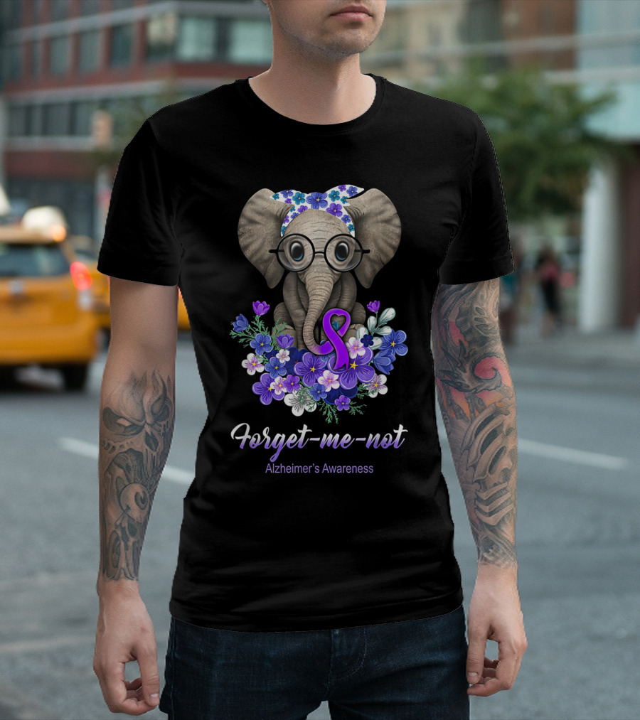 Forget-Me-Not Alzheimer's Awareness Elephant With Purple Ribbon And Flowers T-Shirt
