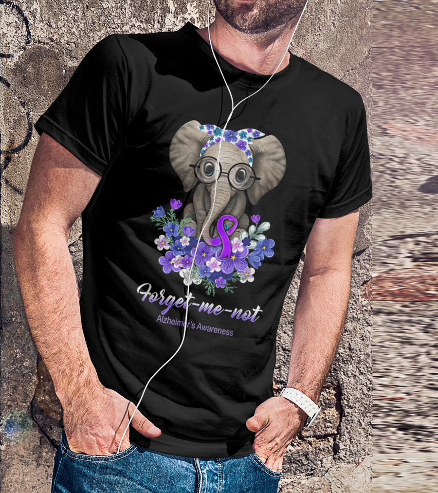 Forget-Me-Not Alzheimer's Awareness Elephant With Purple Ribbon And Flowers T-Shirt
