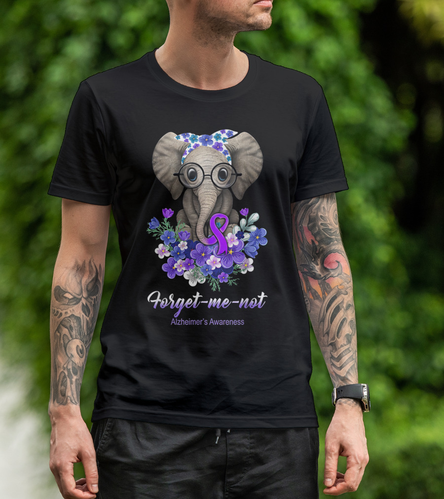 Forget-Me-Not Alzheimer's Awareness Elephant With Purple Ribbon And Flowers T-Shirt