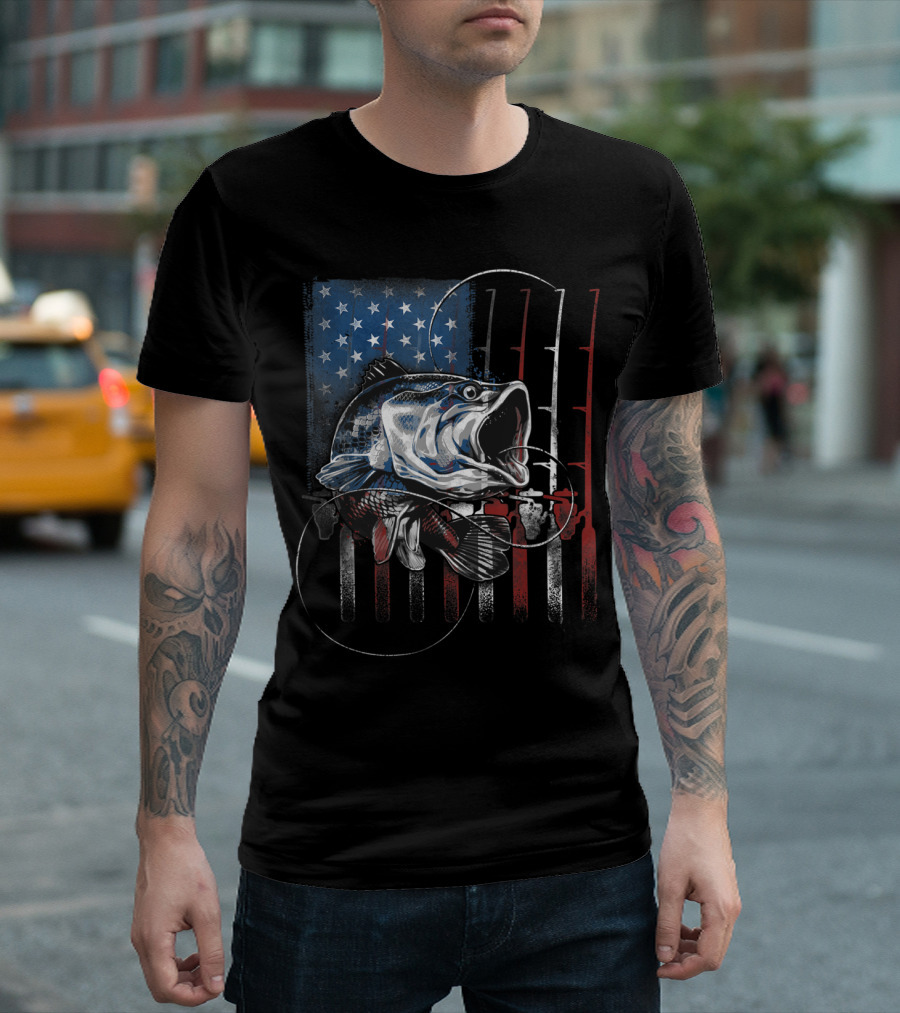American Flag Bass Fishing Vintage USA Fisherman T-Shirt