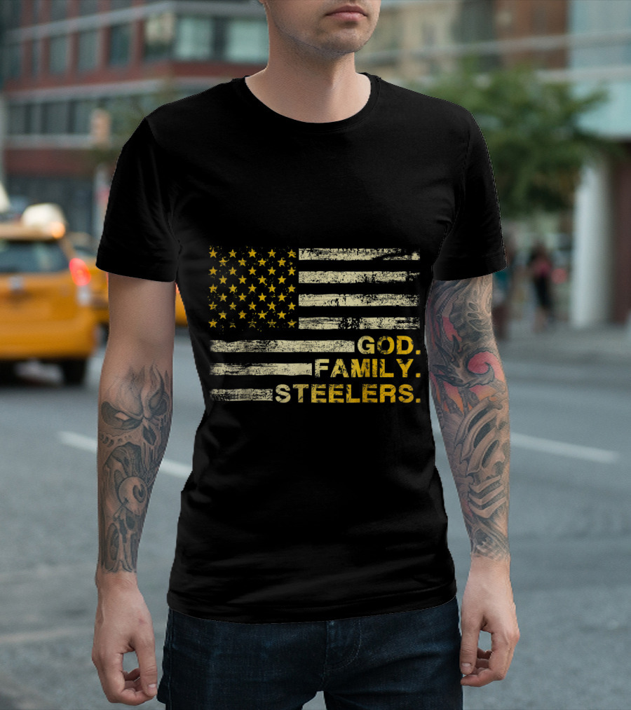 God Family Steelers USA Flag Father's Day Dad T-Shirt