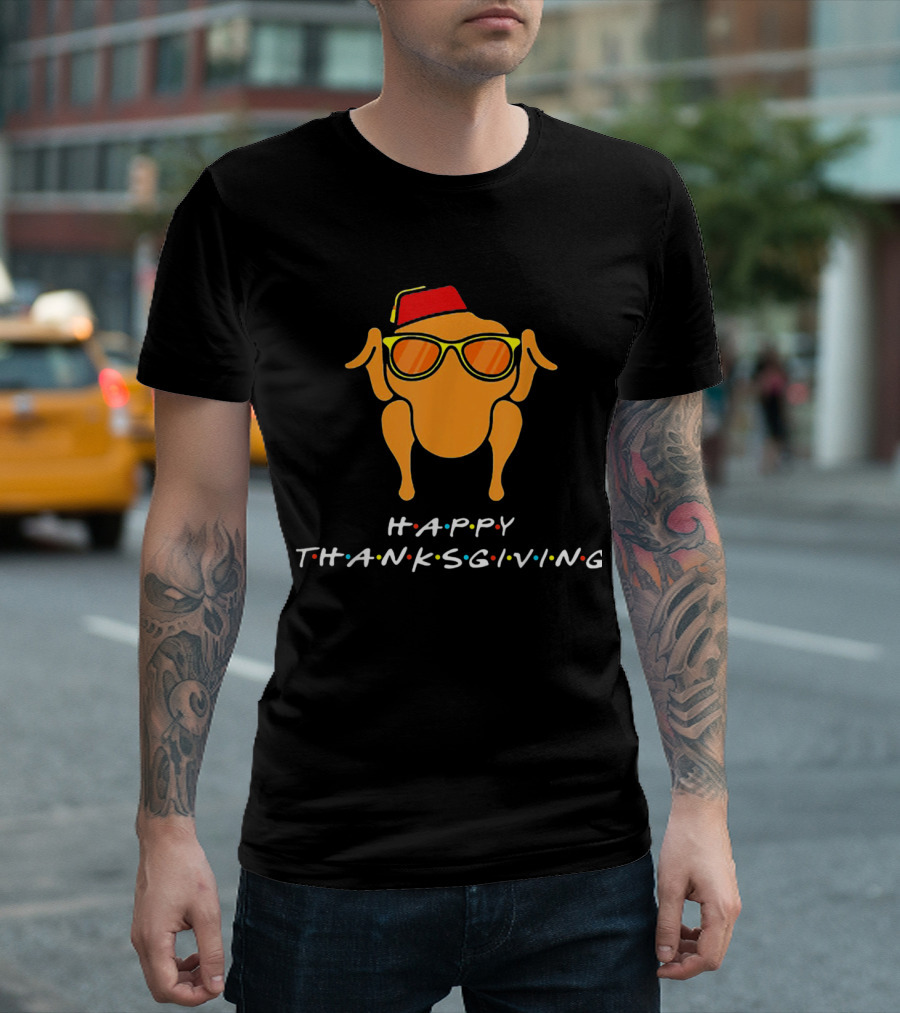 Happy Thanksgiving Turkey Face Funny Friends Silhouette with Hat and Sunglasses T-Shirt