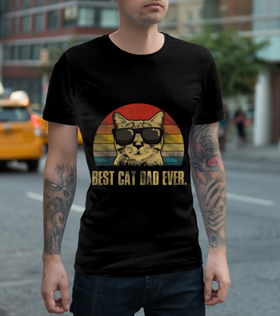Best Cat Dad Ever Sunglasses Retro Circle Stripes T-Shirt