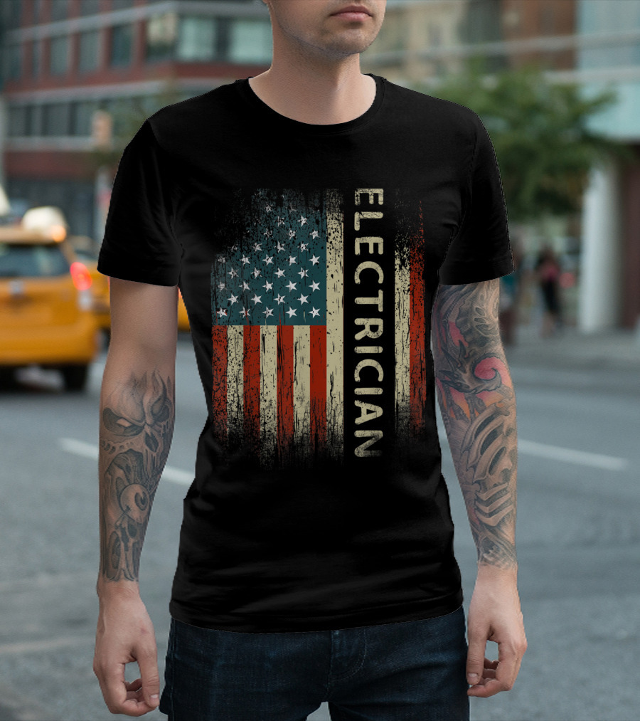 Mens American Flag Electrician USA Patriotic Lineman T-Shirt