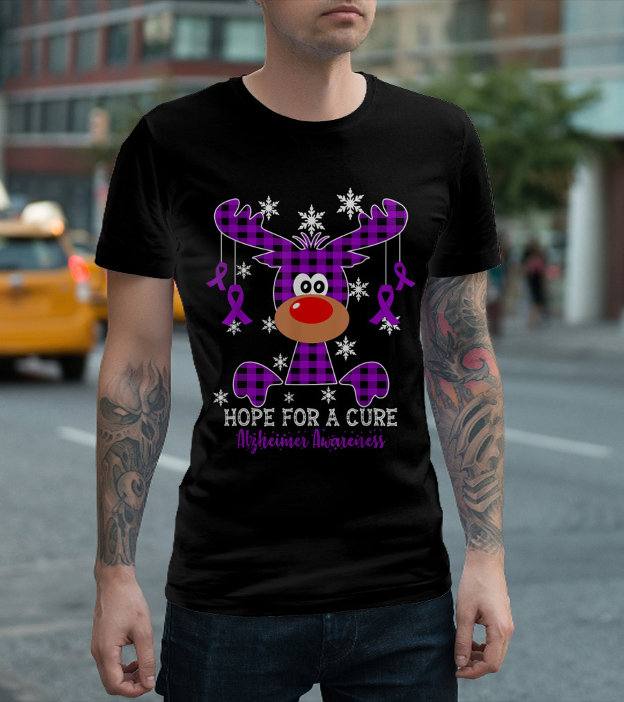 Plaid Reindeer Hope For A Cure Alzheimer Awareness Snowflake T-Shirt
