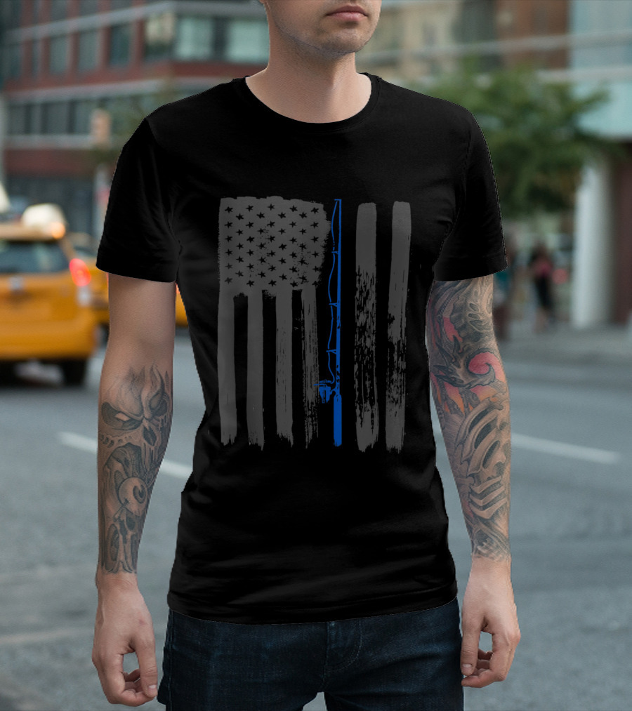 Vintage American Flag Fishing Rod Thin Blue Line T-Shirt