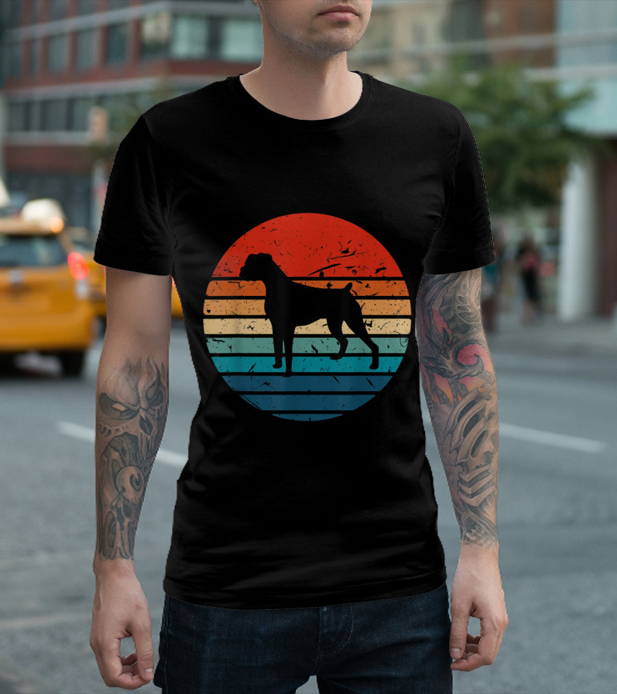Vintage 70s 80s Boxer Dog Breed Silhouette Retro Stripes T-Shirt