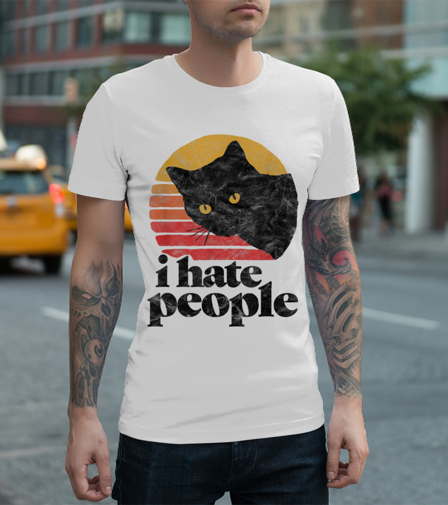 I Hate People Funny Vintage Style Cat Retro Sunset T-Shirt