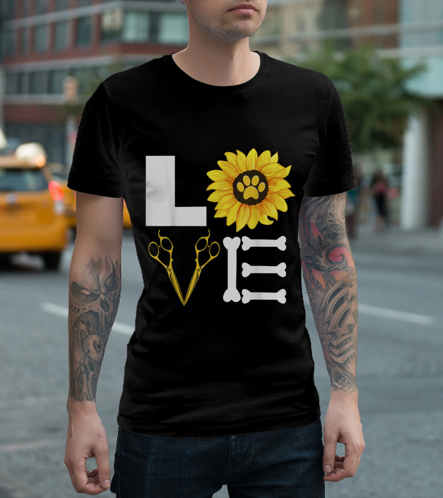 LOVE Pet Grooming Dog Sunflower Scissors Bones T-Shirt