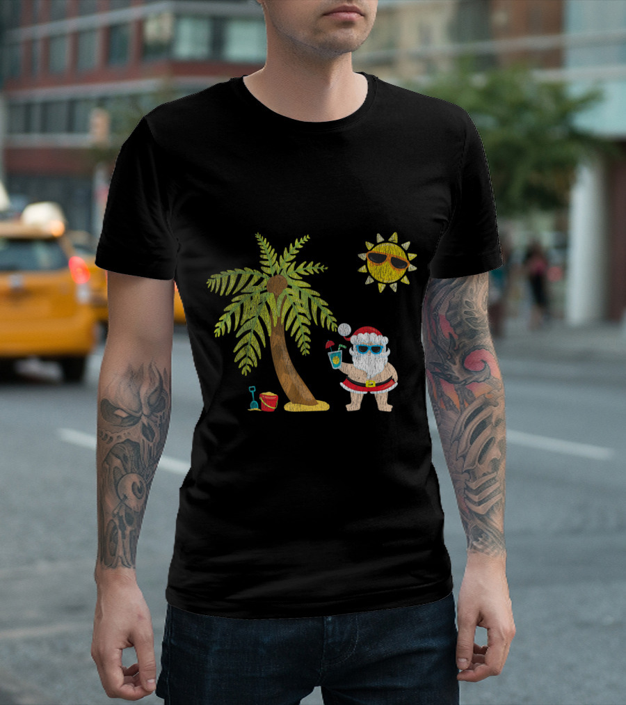 Santa Beach Tropical Christmas In July With Palm Trees And Sun T-Shirt