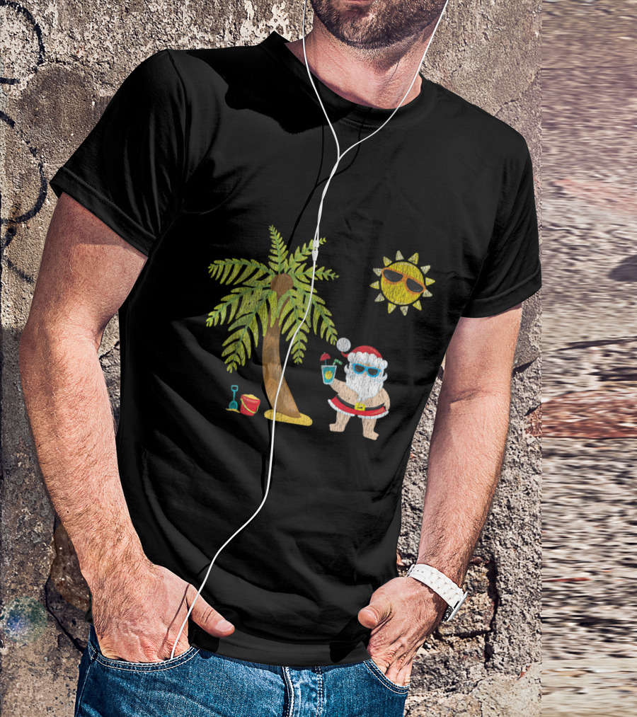 Santa Beach Tropical Christmas In July With Palm Trees And Sun T-Shirt