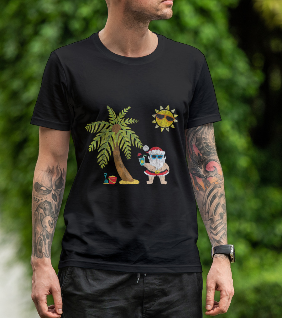 Santa Beach Tropical Christmas In July With Palm Trees And Sun T-Shirt