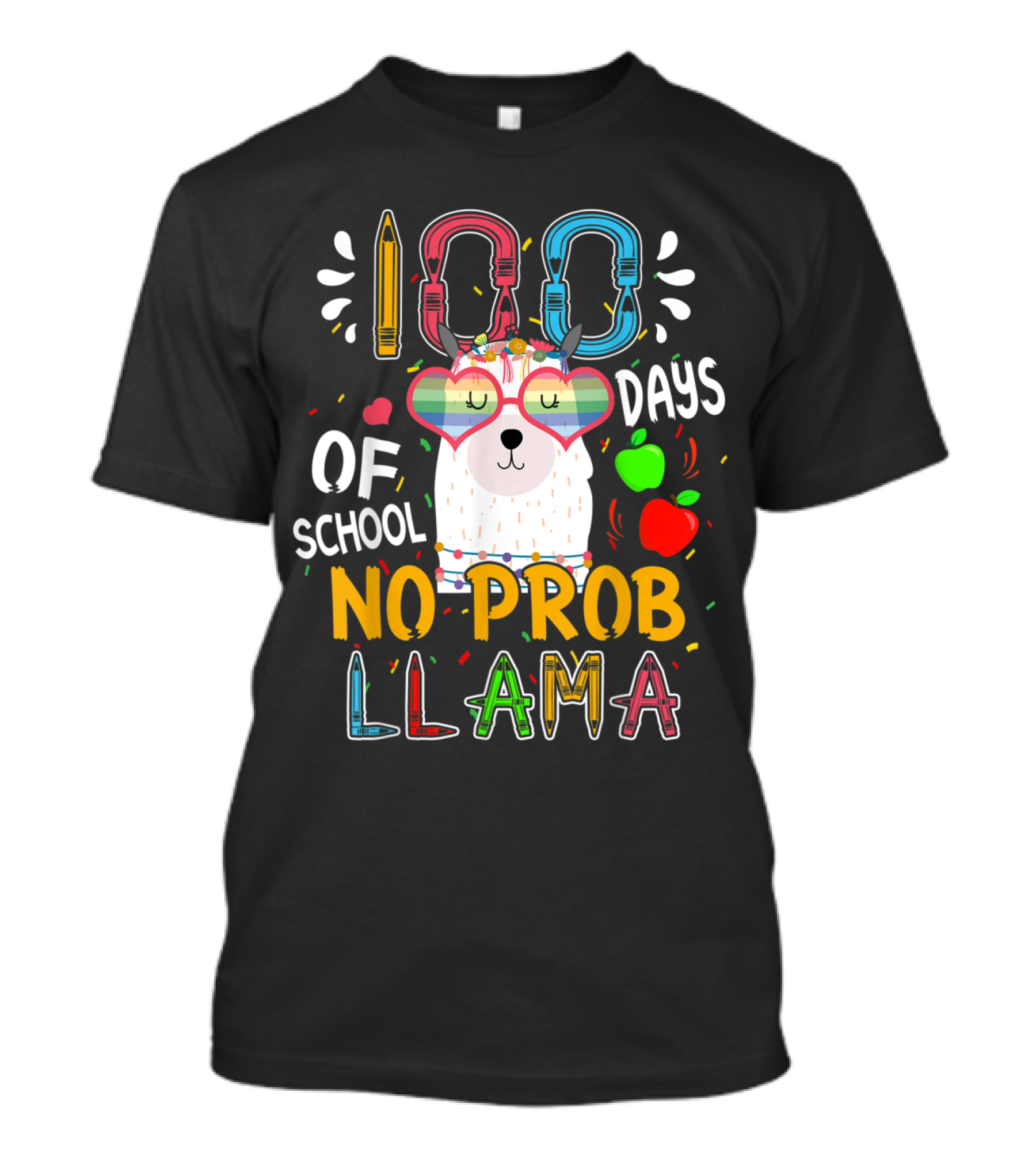 100 Days Of School No Probllama Llama Cute Teacher Student Alpaca Rainbow Glasses Pencil Apples T-Shirt