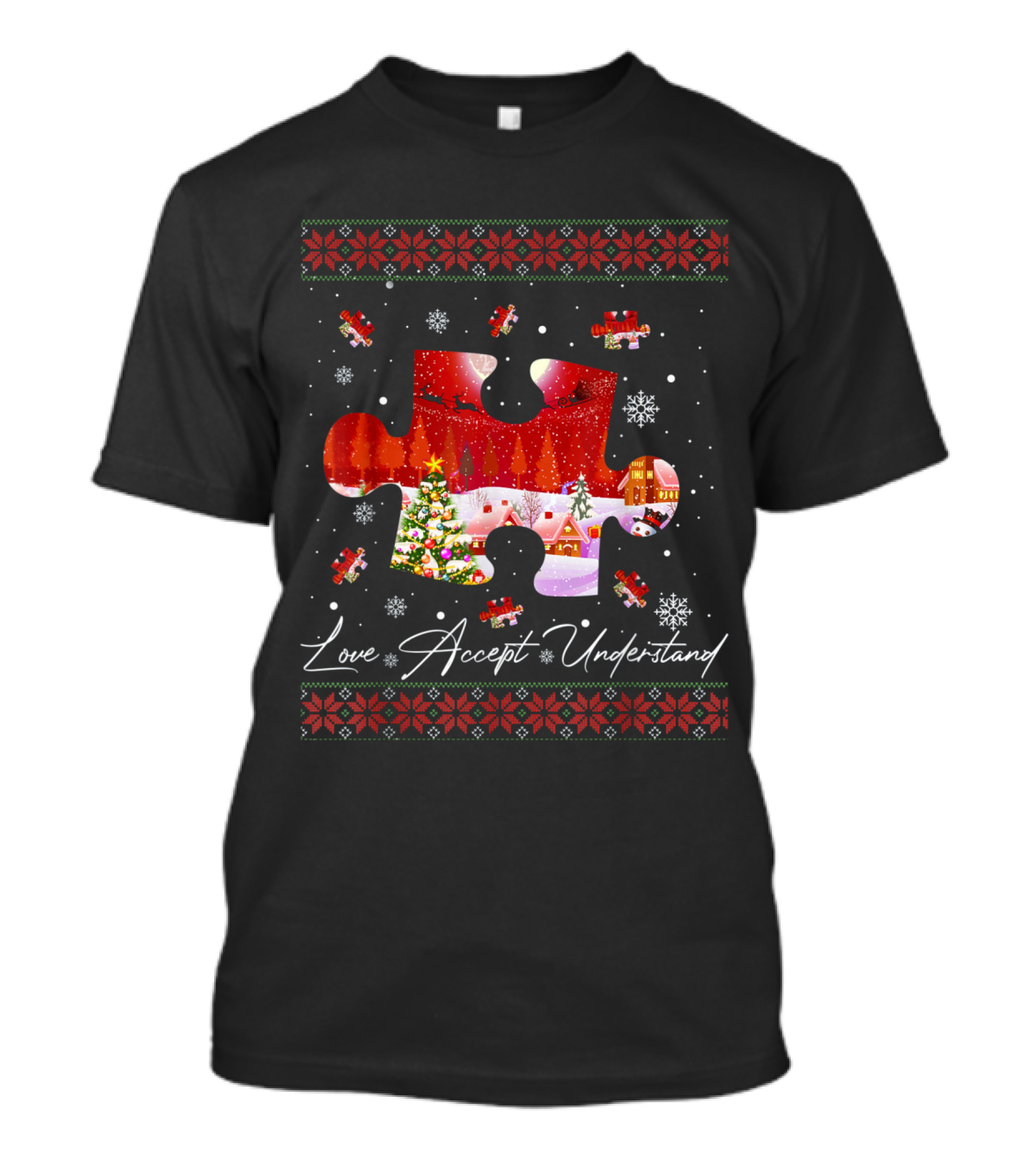 Love Accept Understand Autism Awareness Christmas Puzzle Snowflakes T-Shirt