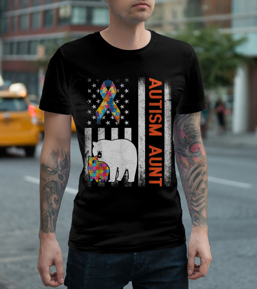 Autism Aunt Bears with Puzzle Ribbon on US Flag T-Shirt