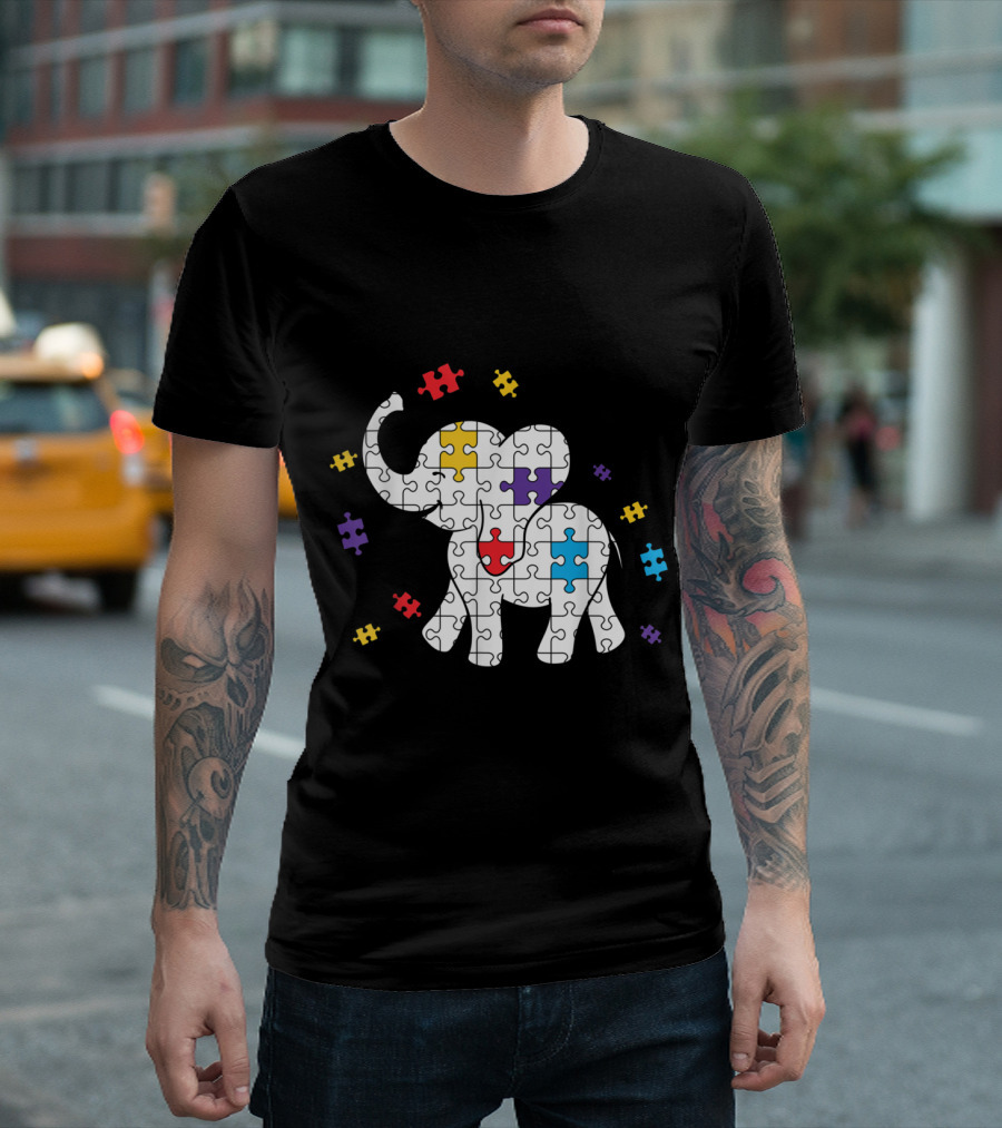 Elephant Autism Awareness Puzzle Proud Autist Colorful Pieces T-Shirt