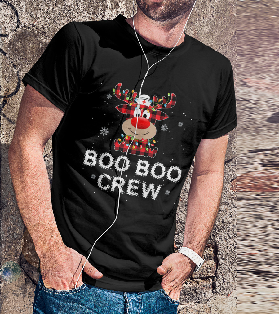 Boo Boo Crew Funny Reindeer Buffalo Plaid Nurse X Mas Light Snowflakes T-Shirt