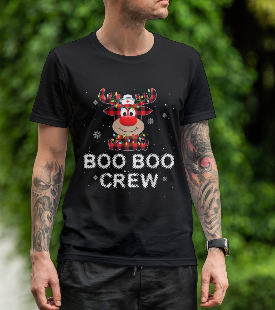 Boo Boo Crew Funny Reindeer Buffalo Plaid Nurse X Mas Light Snowflakes T-Shirt