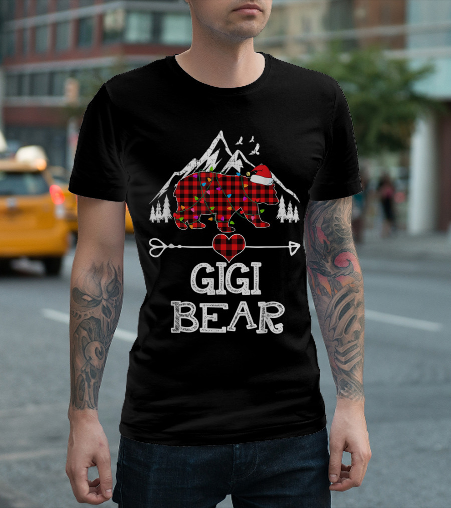 Gigi Bear Christmas Red Plaid Buffalo Heart Santa Mountain Forest Lights T-Shirt