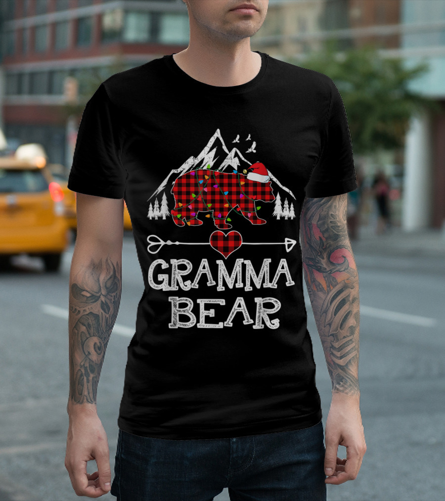 Gramma Bear Christmas Red Plaid Buffalo Heart And Mountain Trees T-Shirt