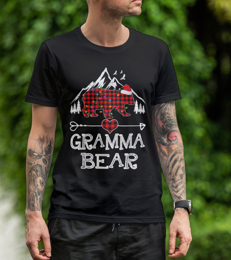 Gramma Bear Christmas Red Plaid Buffalo Heart And Mountain Trees T-Shirt