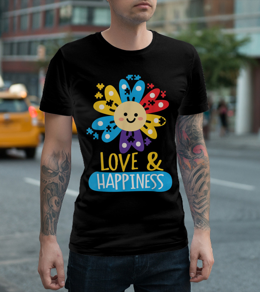 Love And Happiness Colorful Sunflower Puzzle Autist Awareness T-Shirt