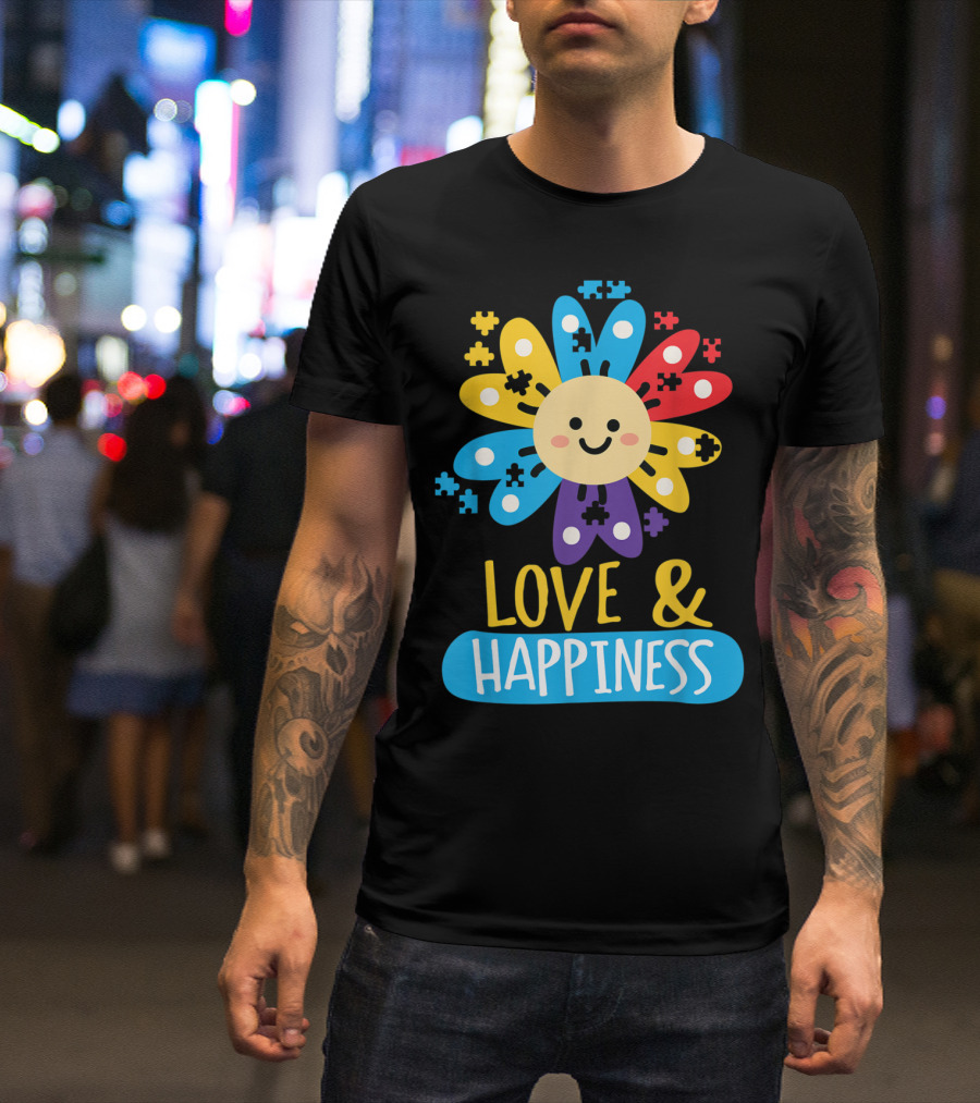 Love And Happiness Colorful Sunflower Puzzle Autist Awareness T-Shirt