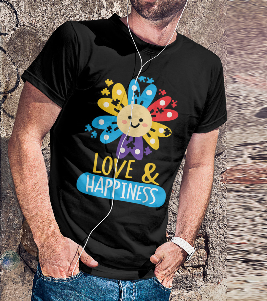 Love And Happiness Colorful Sunflower Puzzle Autist Awareness T-Shirt