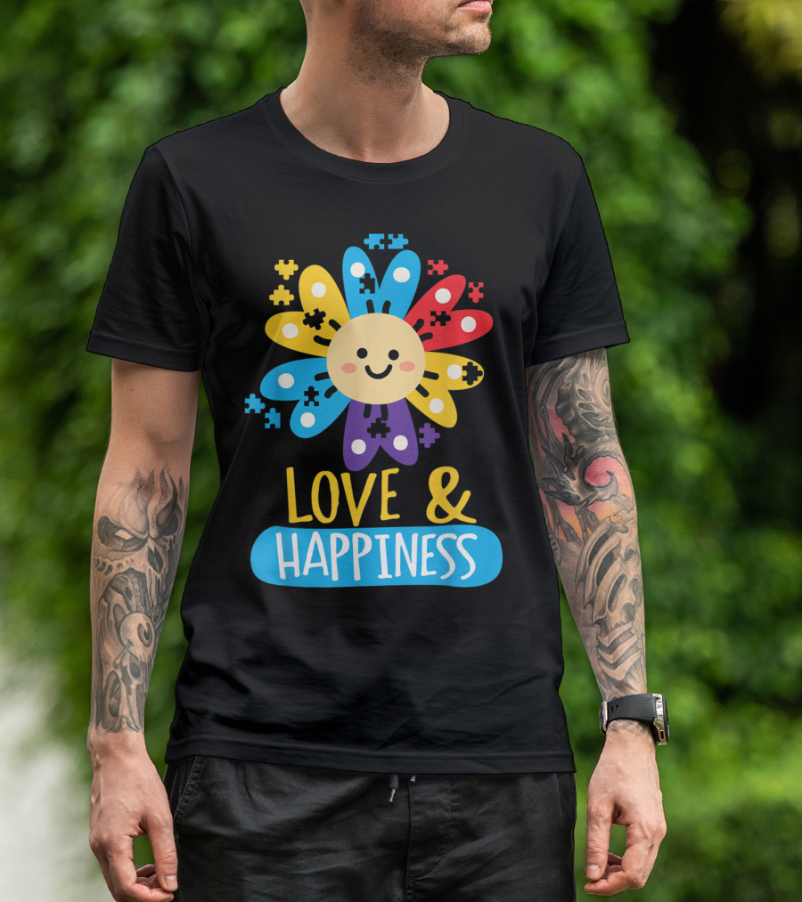 Love And Happiness Colorful Sunflower Puzzle Autist Awareness T-Shirt
