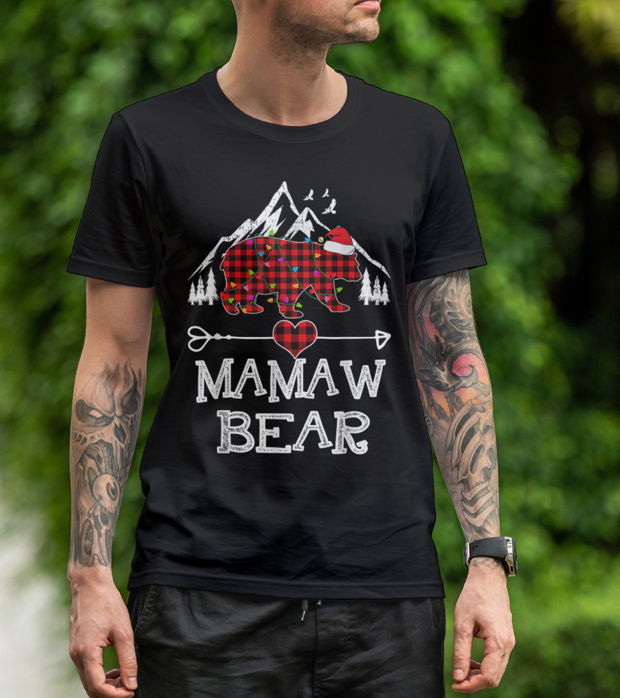 Mamaw Bear Christmas Red Plaid Buffalo Family Santa Hat Mountain Trees T-Shirt