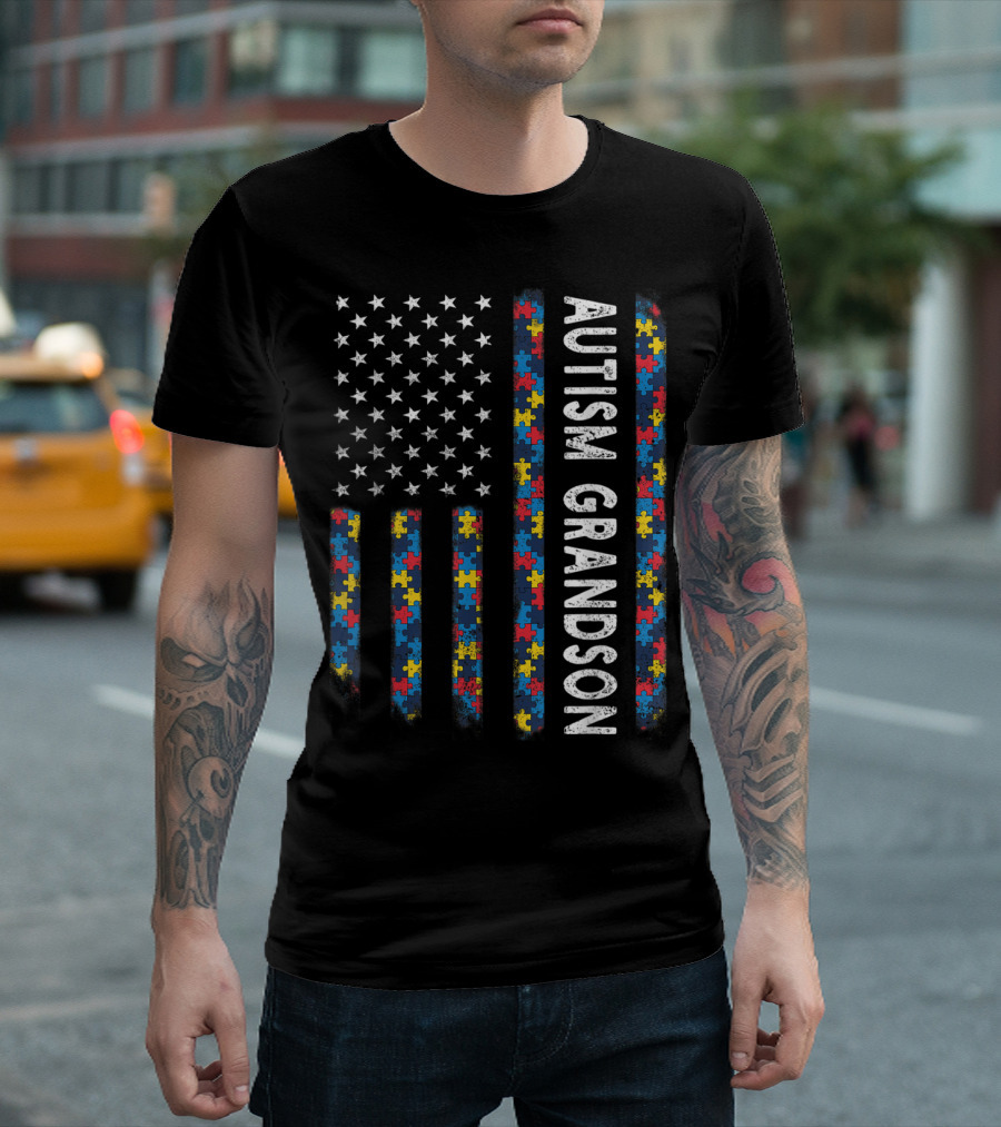 Autism Grandson Puzzle American Flag USA Awareness T-Shirt