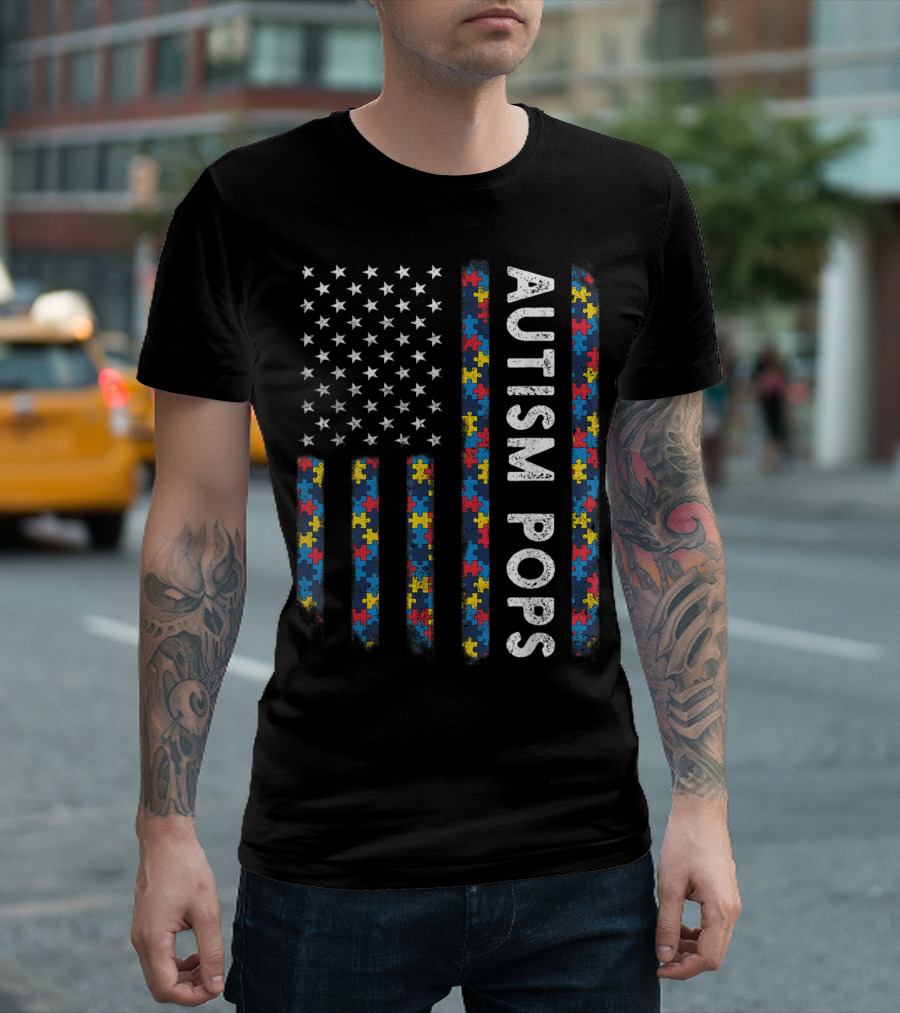 Proud Pops Autism American Flag Puzzle Awareness USA T-Shirt