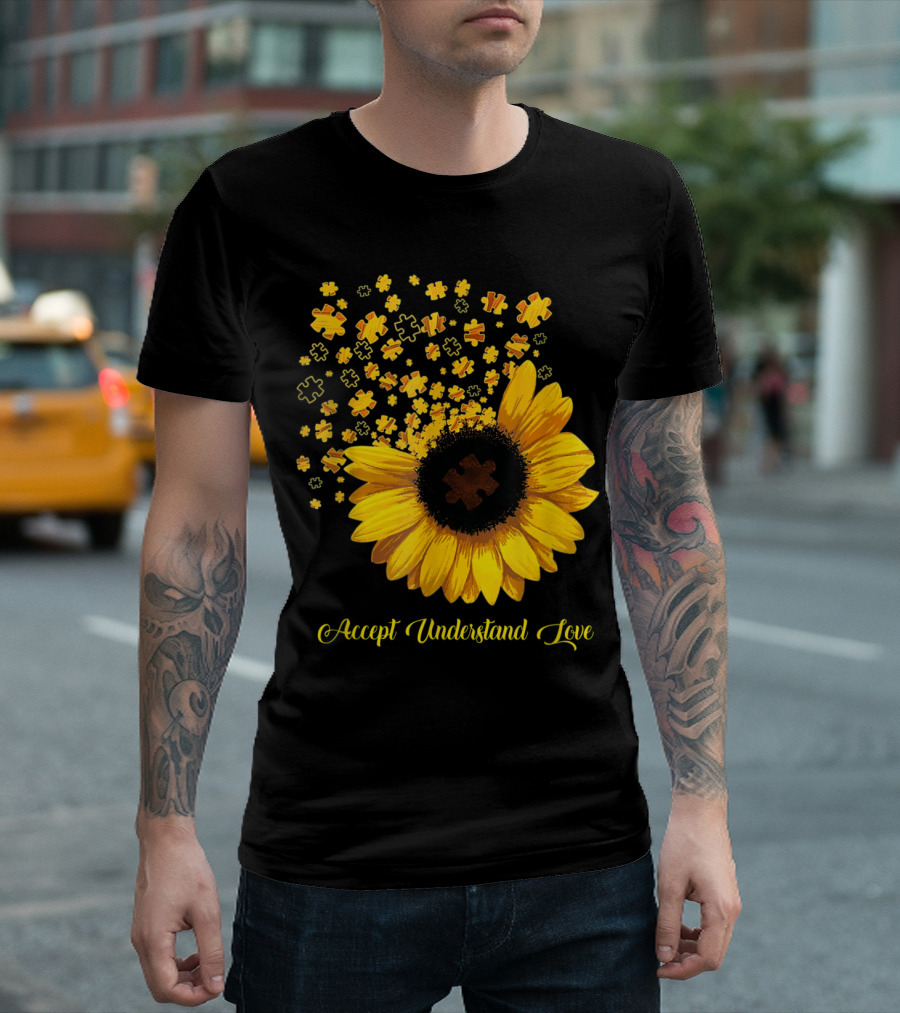 Sunflower Autism Awareness Accept Understand Love Puzzle Pieces T-Shirt