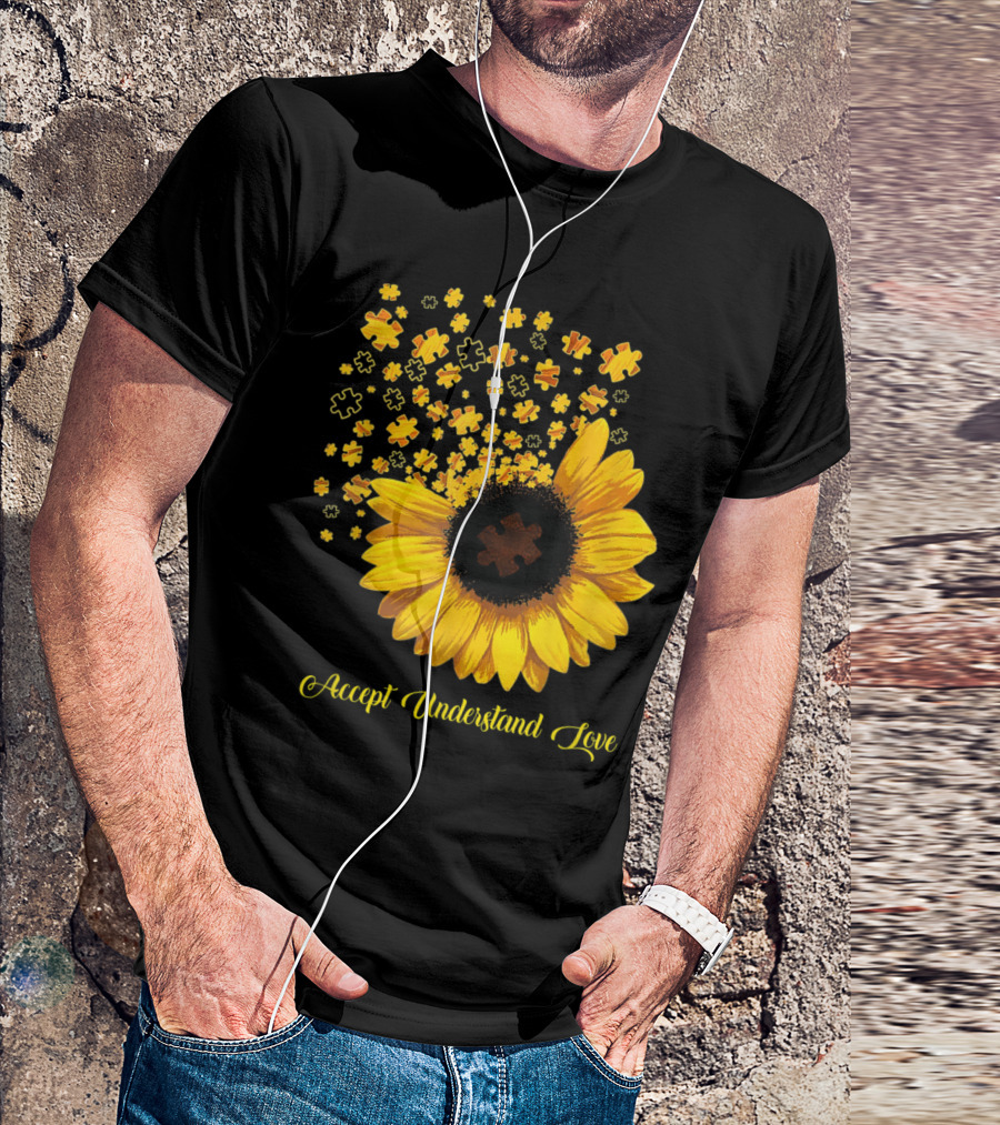 Sunflower Autism Awareness Accept Understand Love Puzzle Pieces T-Shirt