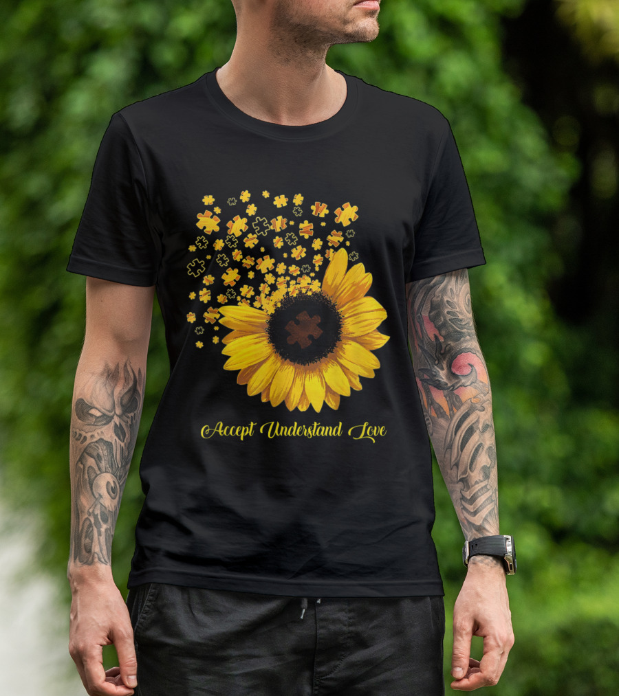 Sunflower Autism Awareness Accept Understand Love Puzzle Pieces T-Shirt
