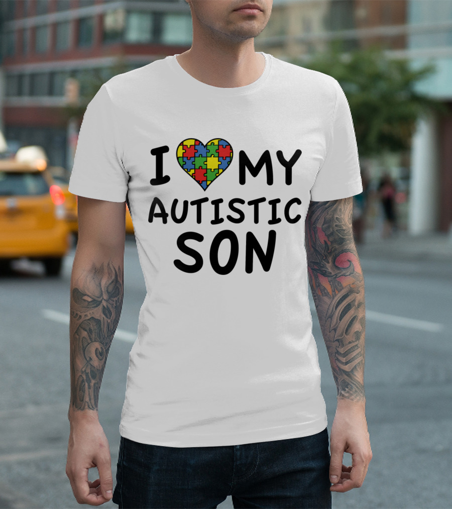 I Heart Puzzle Pattern Love My Autistic Son T-Shirt