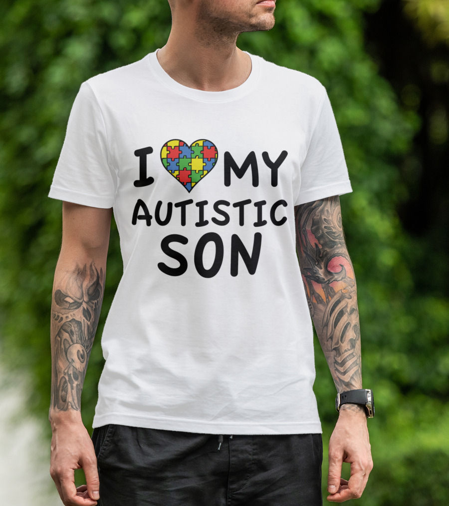 I Heart Puzzle Pattern Love My Autistic Son T-Shirt