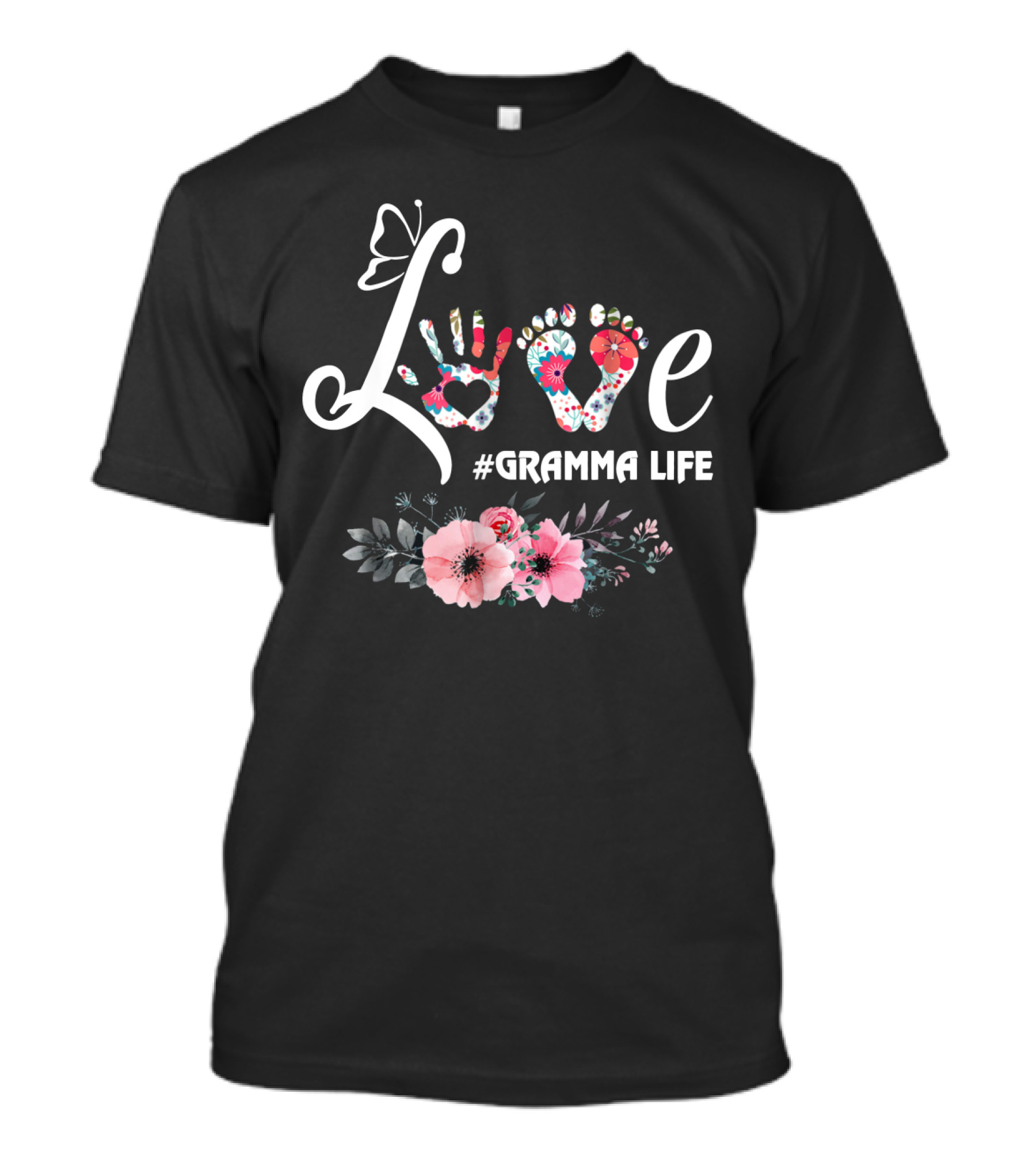 Love Gramma Life Colorful Flower Handprints Butterfly T-Shirt