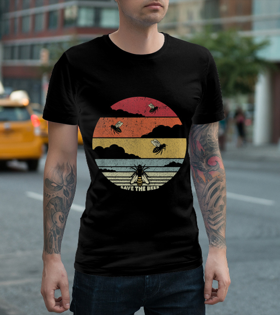 Save The Bees Climate Change Vintage Sunset Stripes T-Shirt