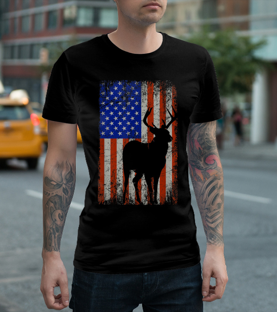 Patriotic Deer Hunter Archery Bow American Flag Hunting T-Shirt
